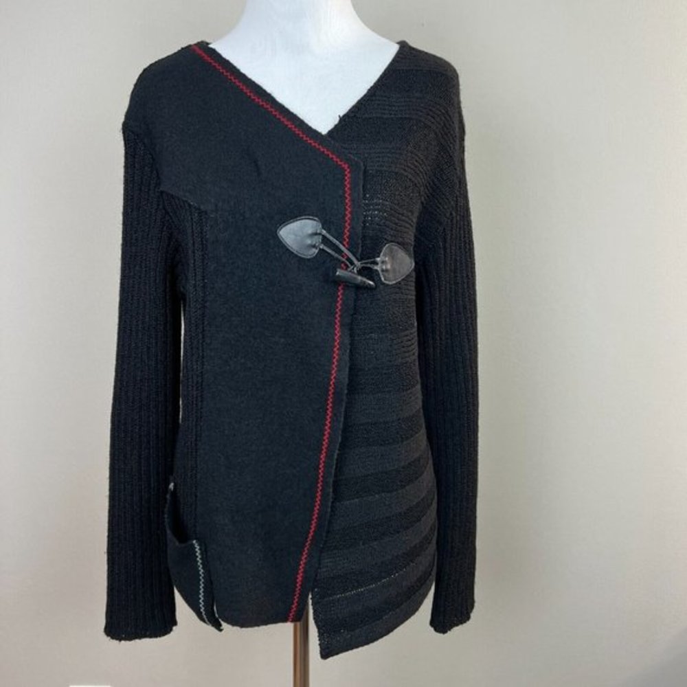 Dolcezza Cardigan Sweater M Black Contrast Knit Toggle Long Sleeve V-Neck Womens